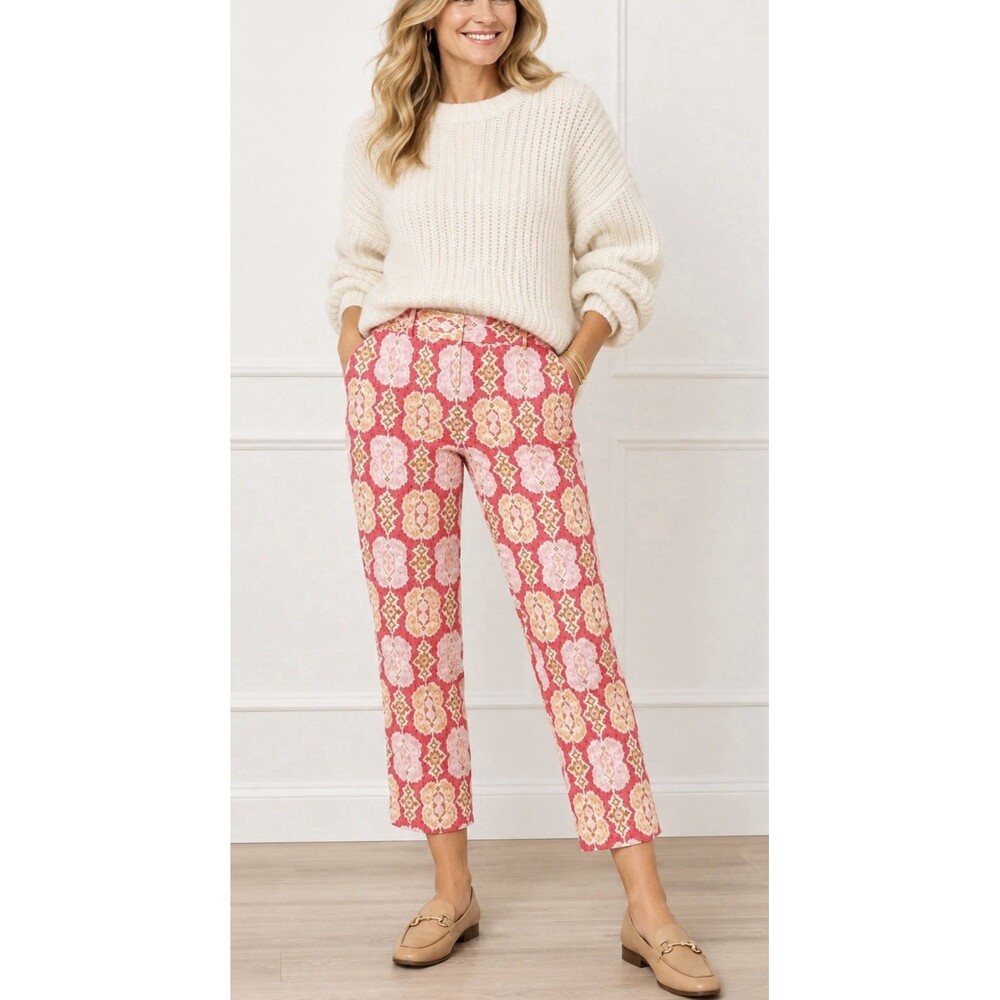 Talbots Women’s Size 10 Pink Coral Ikat Print Stretch Ankle Crop Pants Cotton